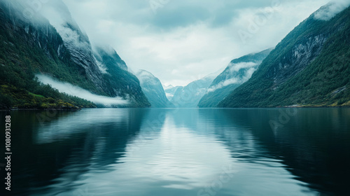 Serene Fjord River, Norway: Misty Mountains, Calm Water, Natural Landscape Photography