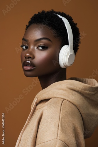 Confident woman wearing headphones standing against an orange background photo