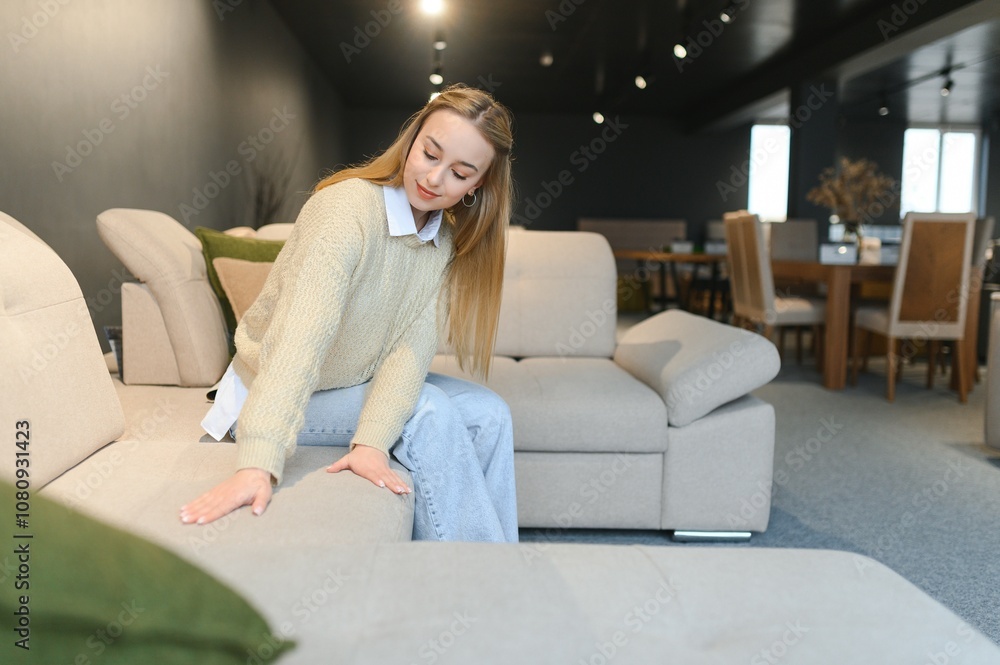 Happy young woman chooses sofa for home in furniture store Happy young woman chooses sofa for home in furniture store