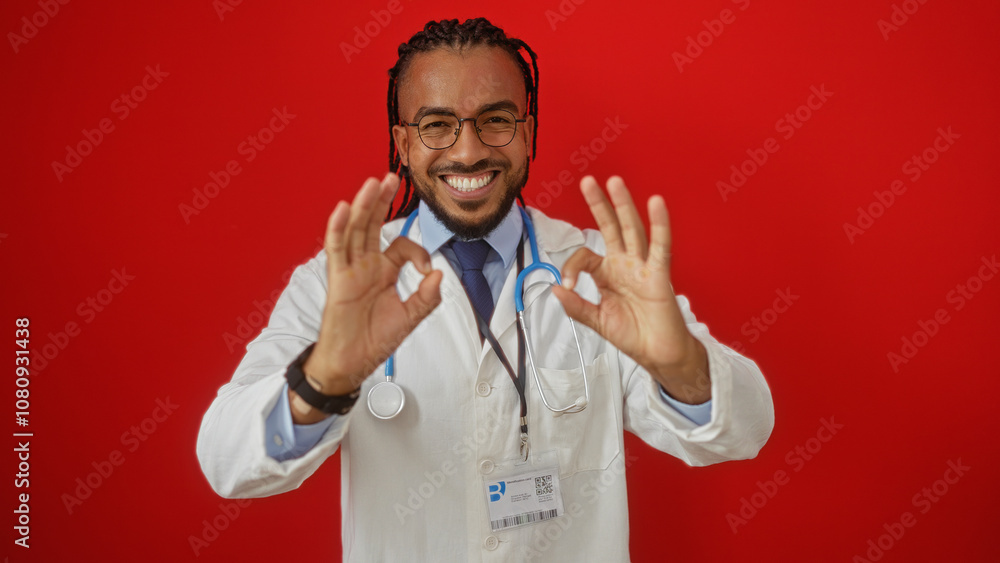 Handsome young black man with braids makes an ok gesture against a vibrant red wall, exuding positivity and confidence, dressed in a doctor or professional outfit.