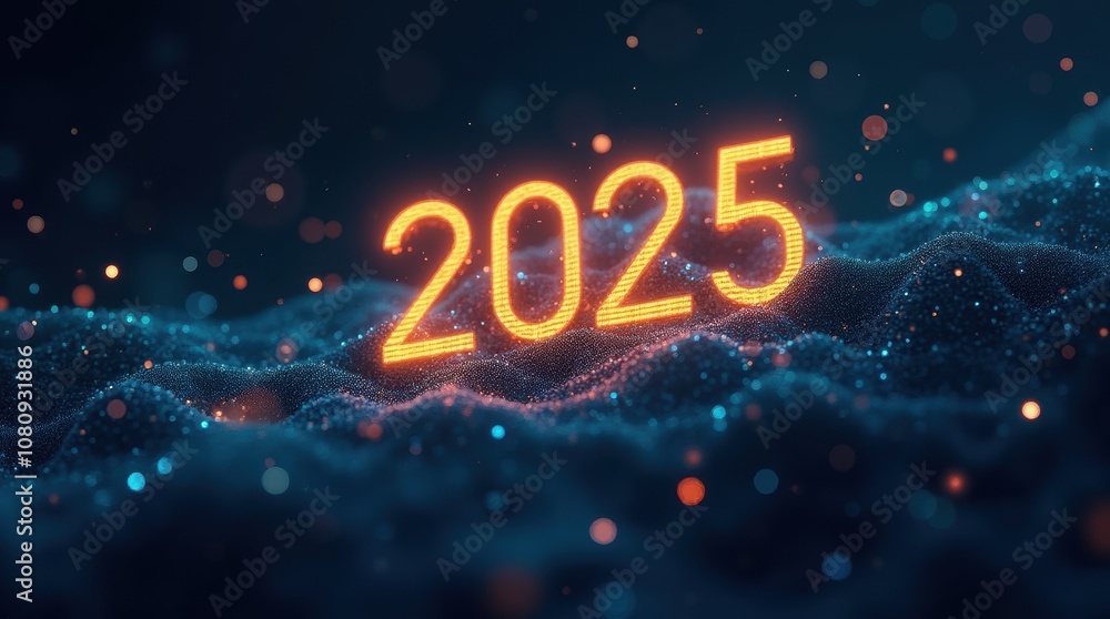 Orange 2025 New Year Design on Dark Particle Background Orange 2025 New Year Design on Dark Particle Background