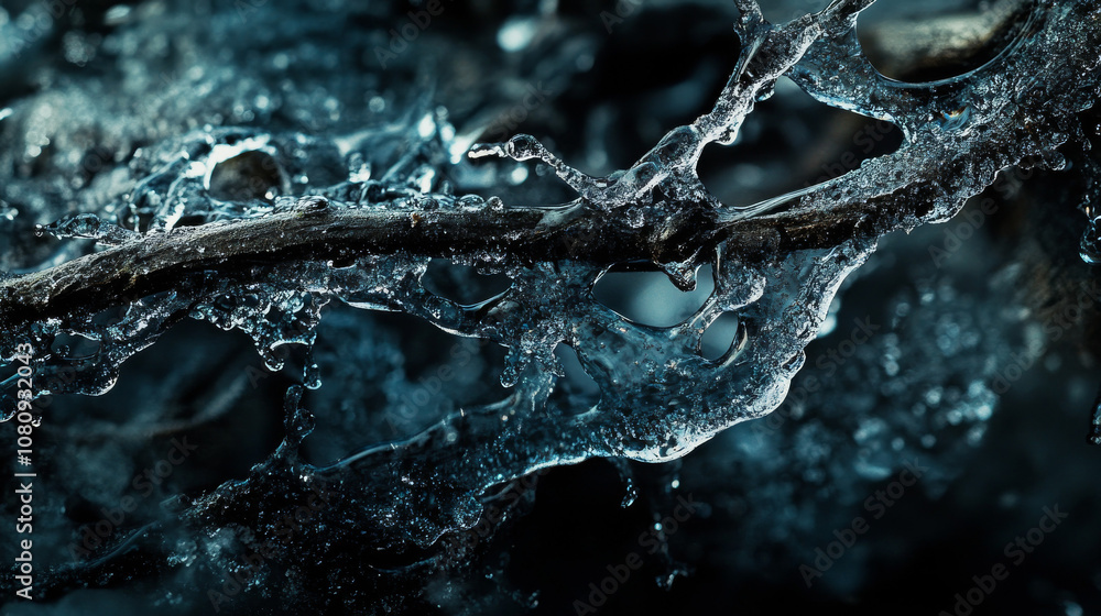 Icy Branch Texture: Frozen Water Droplets, Macro Photography, Winter Nature, Dark Blue Hues Icy Branch Texture: Frozen Water Droplets, Macro Photography, Winter Nature, Dark Blue Hues