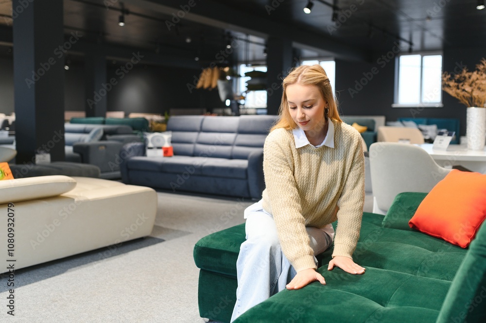 Obraz premium Woman buying furnitures in shop, selecting products