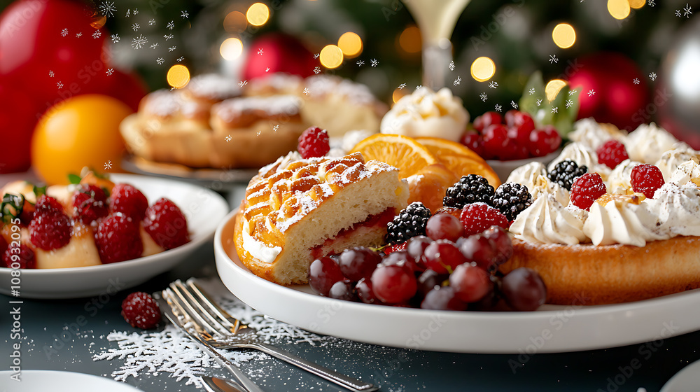 Celebrate the new year with a stunning brunch table decorated with a festive assortment of delicious treats and seasonal fruits Celebrate the new year with a stunning brunch table decorated with a festive assortment of delicious treats and seasonal fruits