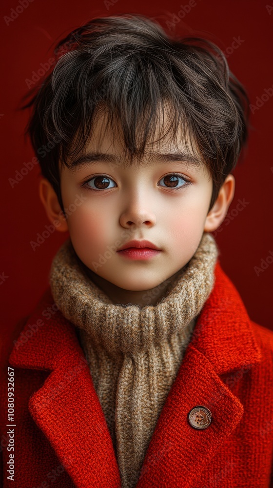 A young child with expressive eyes wears a cozy beige turtleneck under a vibrant red coat, set against a warm backdrop A young child with expressive eyes wears a cozy beige turtleneck under a vibrant red coat, set against a warm backdrop