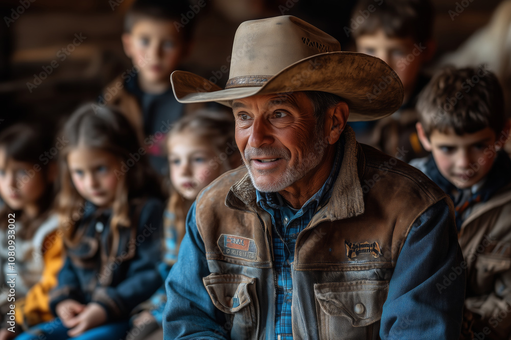 A nostalgic cowboy shares tales and values with children on a sunny day A nostalgic cowboy shares tales and values with children on a sunny day