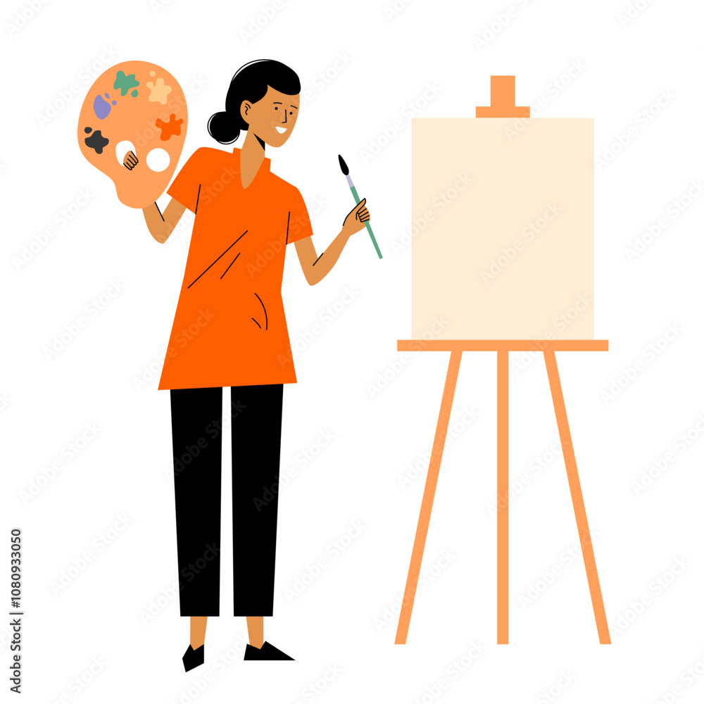 Female artist paints. Artist holds brush and palette standing in workshop with easels to create artworks. Profession, art, work, creativity concept. Young happy smiling woman girl artist. Creative Female artist paints. Artist holds brush and palette standing in workshop with easels to create artworks. Profession, art, work, creativity concept. Young happy smiling woman girl artist. Creative