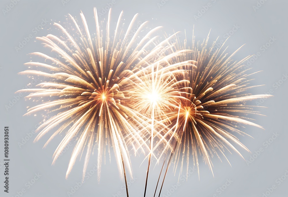 Obraz premium Gold fireworks template for banner. Poster or cover for website. Sparkles and explosions. Christmas and New Year greeting postcard. Realistic vector illustration isolated on black background