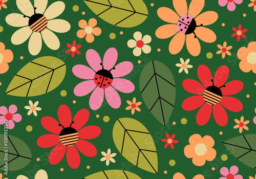 Seamless pattern with flowers and bee, ladybug. Cute background