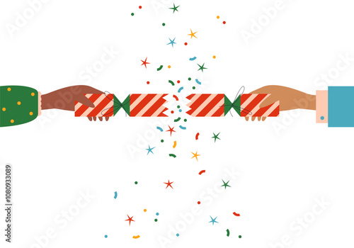 Party open cracker with confetti. Festive fun. Merry Christmas and Happy New Year. Open with serpentine sparkles. Festive fun. Broken Christmas cracker with streamers. Holiday petard flapper surprise