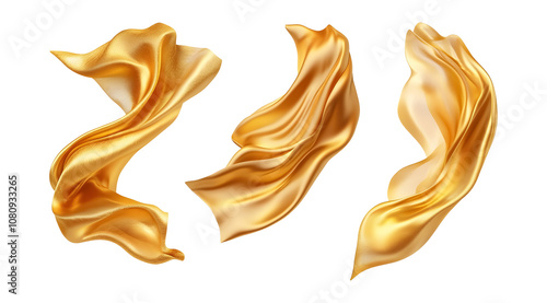 Set of flying luxurious golden silk on a transparent background. isolated background.