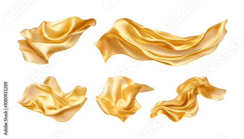 Set of flying luxurious golden silk on a transparent background. isolated background.