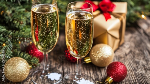 Two champagne glasses amidst festive Christmas decor on a rustic wooden table.