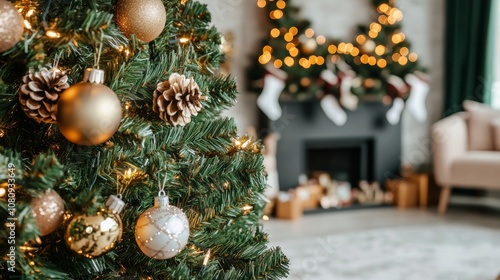 Cozy Christmas setting with a tree adorned in gold ornaments and a warm, glowing fireplace. photo