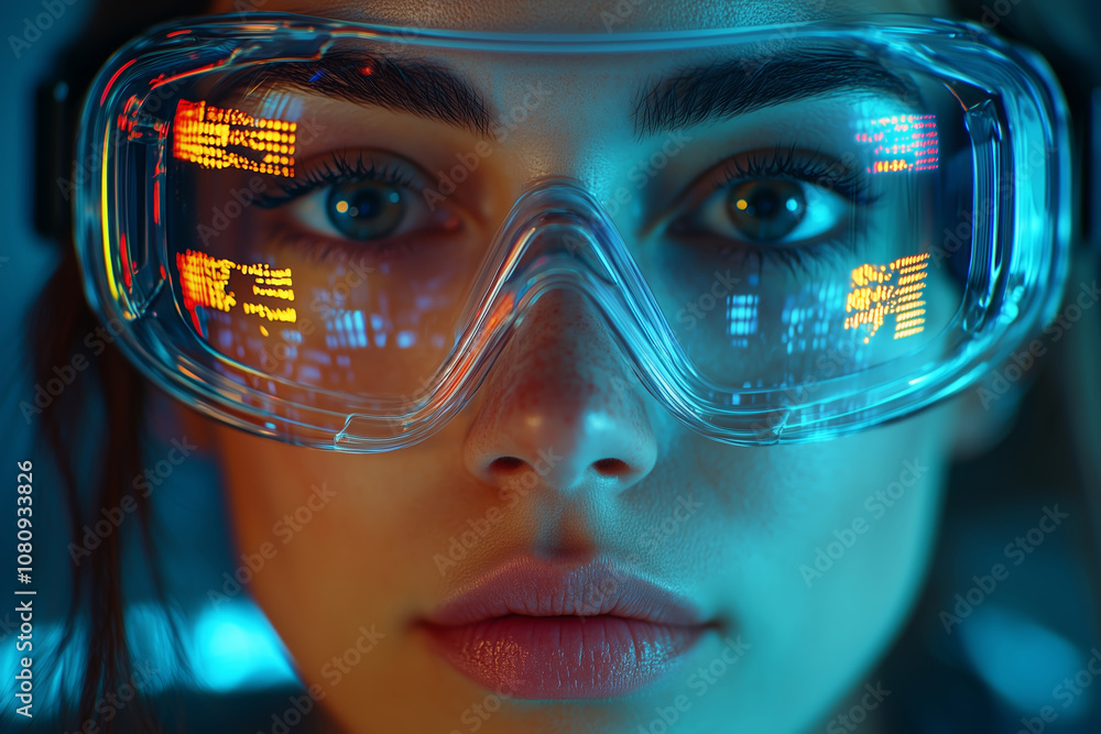 Close-up portrait of a female engineer in goggles focused on her work in the lab Close-up portrait of a female engineer in goggles focused on her work in the lab