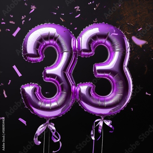 Purple birthday / anniversary balloon, number 33, black background with confetti