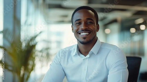 Professional Man Smiling in a Modern Office Setting with a Bright and Inviting Atmosphere, Capturing a Positive Work Environment and Success Driven Mindset