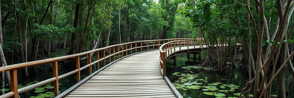 Obraz premium A wooden bridge winding through a lush mangrove forest being restored, plants, boardwalk