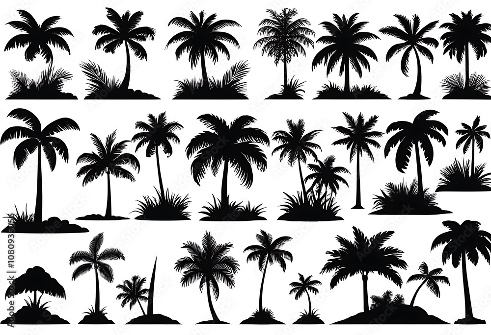 Palm trees silhouettes. Tropical leaves, retro palms tree and vintage silhouettes. Coconut palm, exotic lush sketch or hawaii coco palms. Vector illustration isolated icons set Palm trees silhouettes. Tropical leaves, retro palms tree and vintage silhouettes. Coconut palm, exotic lush sketch or hawaii coco palms. Vector illustration isolated icons set
