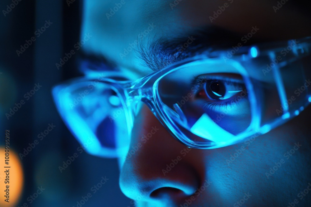 Exploring future tech close-up of young innovator with smart glasses urban setting portrait high-tech environment innovation focus Exploring future tech close-up of young innovator with smart glasses urban setting portrait high-tech environment innovation focus