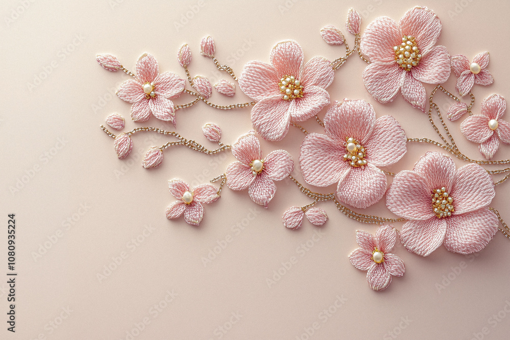 An elegant arrangement of handcrafted pink flowers made from fine beads and threads, set against a smooth pastel backdrop An elegant arrangement of handcrafted pink flowers made from fine beads and threads, set against a smooth pastel backdrop