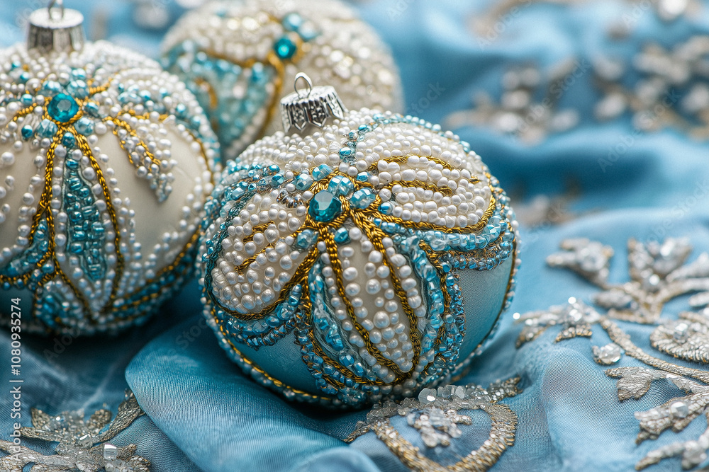 A close-up of exquisite Christmas ornaments adorned with intricate gold beadwork and pearls, placed on a shimmering teal fabric background. A close-up of exquisite Christmas ornaments adorned with intricate gold beadwork and pearls, placed on a shimmering teal fabric background.