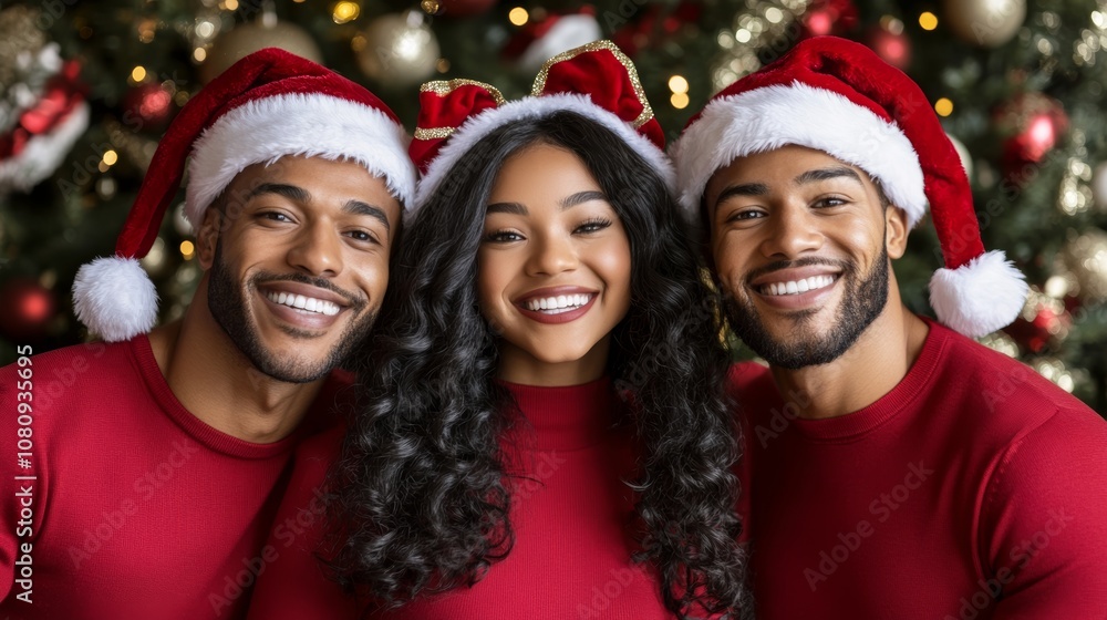 Giraffes in red shirts and Santa hats, posing festively. Giraffes in red shirts and Santa hats, posing festively.