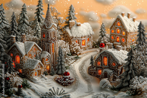 An intricate beaded landscape depicting a snowy village with golden highlights.