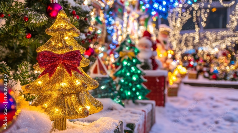 Festive Christmas trees adorned with twinkling lights. Festive Christmas trees adorned with twinkling lights.