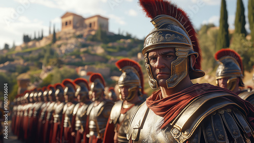 Roman soldiers in formation before a historic battle at a scenic location photo