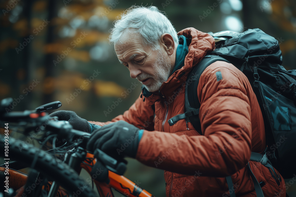 Senior man secures his mountain bike on a rack after an adventurous ride Senior man secures his mountain bike on a rack after an adventurous ride