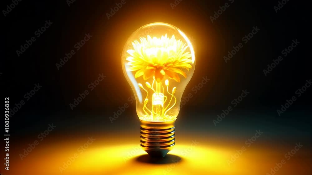 Growing yellow flower in glowing lightbulb, bright idea, luminous invention, creativity innovation Growing yellow flower in glowing lightbulb, bright idea, luminous invention, creativity innovation