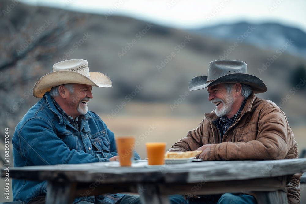 Two cowboys share laughter and a hearty meal in the serene countryside Two cowboys share laughter and a hearty meal in the serene countryside