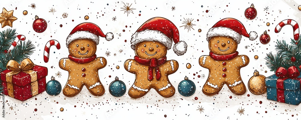 Festive cartoon Christmas pattern with gingerbread man and holiday decorations Festive cartoon Christmas pattern with gingerbread man and holiday decorations
