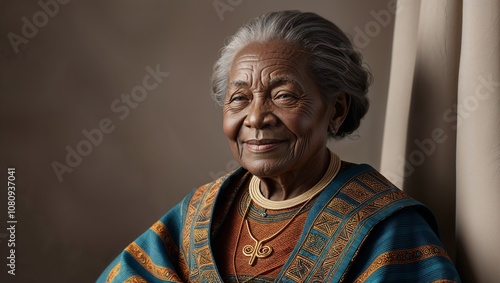 Warm portrait of an elderly Black woman in traditional attire celebrating Black heritage, wisdom, copy space