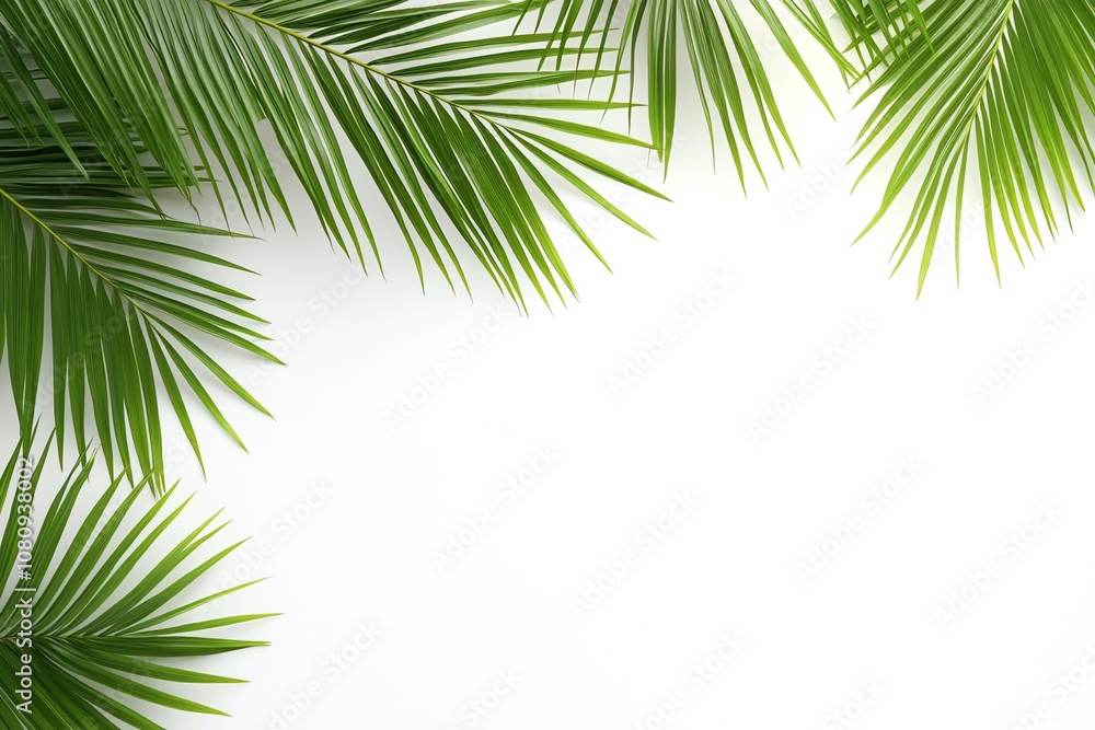 Green palm leaves arranged in a corner border on white background. Green palm leaves arranged in a corner border on white background.