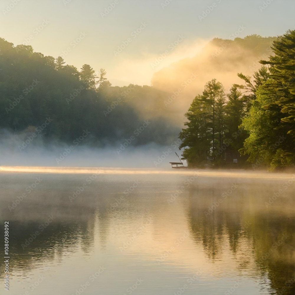 Misty Morning on a Tranquil Lake With Rolling Fog Hovering Over the Water and a Distant Forest Just Visible Through the Hazy Light of Dawn Misty Morning on a Tranquil Lake With Rolling Fog Hovering Over the Water and a Distant Forest Just Visible Through the Hazy Light of Dawn