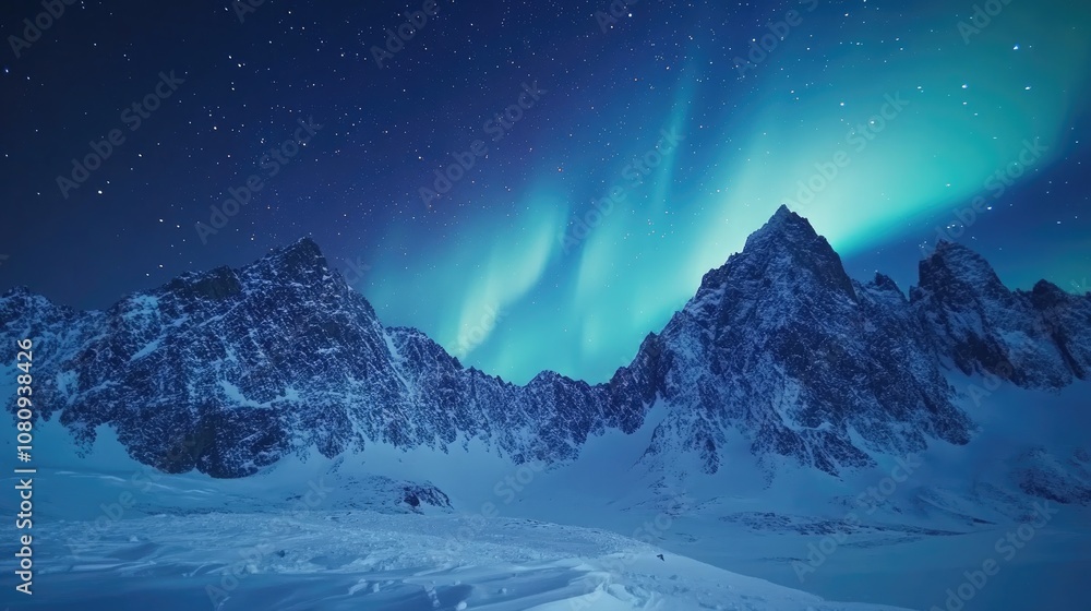 Aurora borealis shining over snow covered mountains under a starry night sky Aurora borealis shining over snow covered mountains under a starry night sky