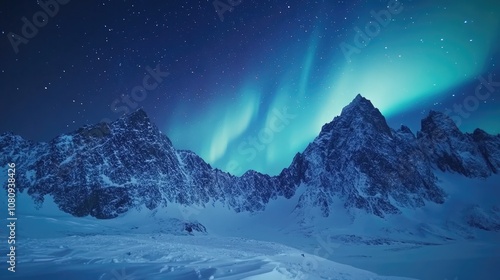 Aurora borealis shining over snow covered mountains under a starry night sky