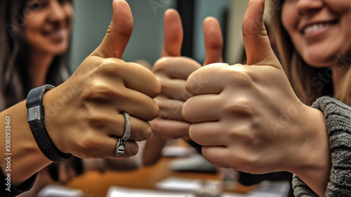 three people giving a thumbs-up gesture.  The focus is on the hands, with the faces blurred in the background. One person is wearing a black wristband and a ring. The overall impression is one of posi photo