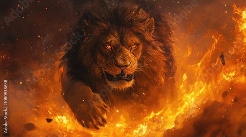 Majestic lion symbolizing power and belief surrounded by flames heralding a triumphant and glorious return