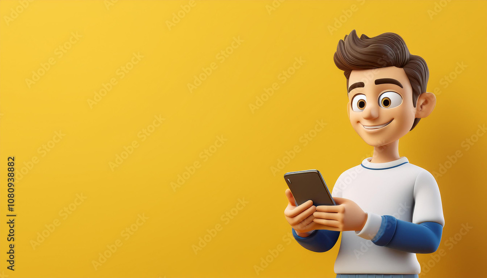 3d Cartoon businessman in glasses white shirt and blue tie using smartphone with text bubble over blue background. 3d isolated 3d Cartoon businessman in glasses white shirt and blue tie using smartphone with text bubble over blue background. 3d isolated