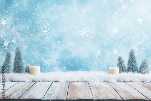 Cozy winter scene with a candle on a wooden table against a snowy backdrop. photo