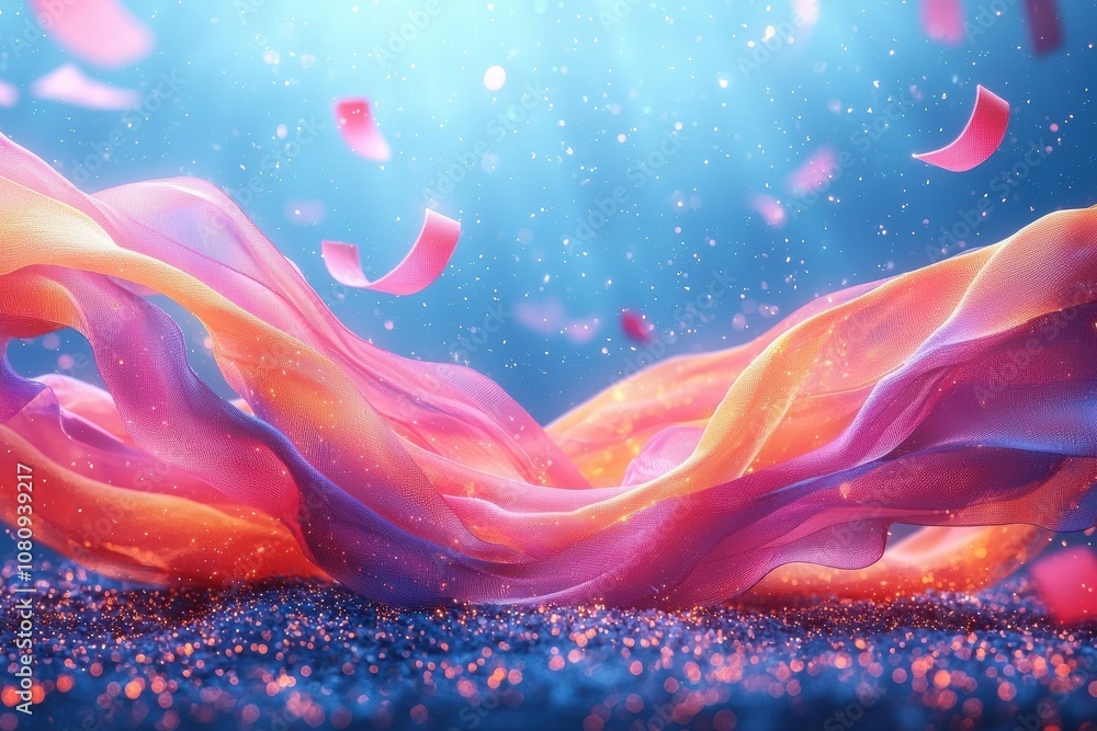 Colorful ribbons and confetti floating in abstract vibrant sky Colorful ribbons and confetti floating in abstract vibrant sky