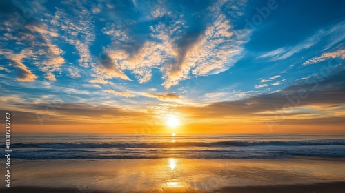 Surfer strolls on beach at sunset, ocean horizon aglow.