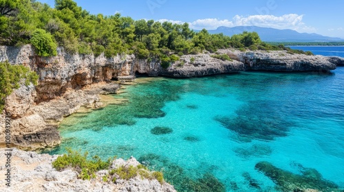 Pristine blue waters lap against a rugged cliff under a clear sky.