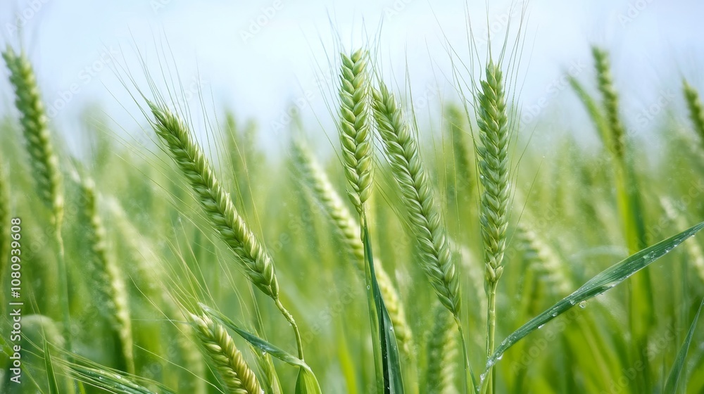 Lush green wheat field stretching under a clear sky. Lush green wheat field stretching under a clear sky.