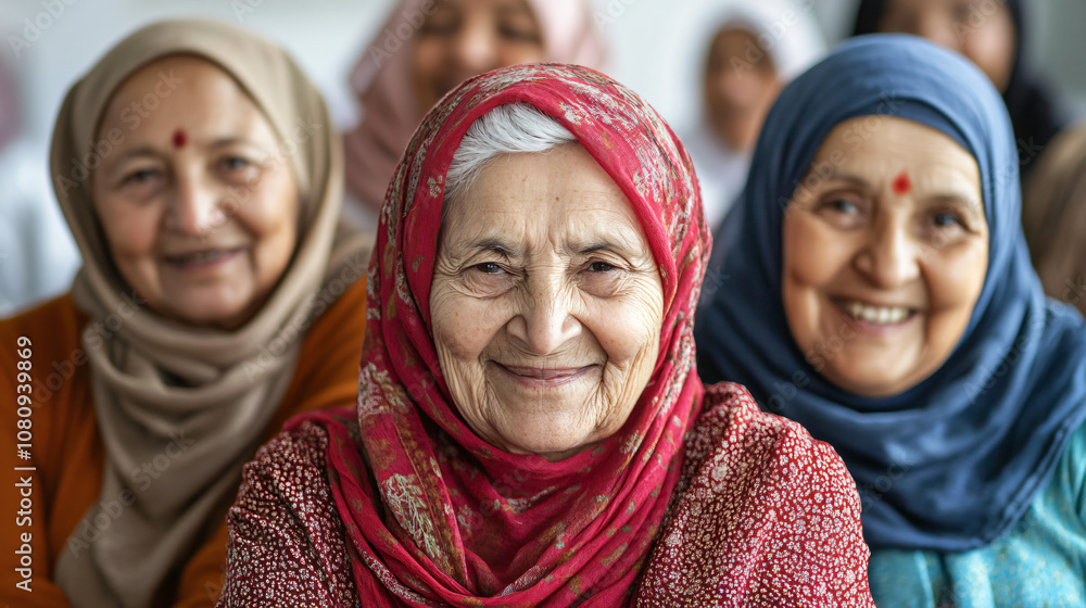 Elderly muslim women in traditional headscarves, sharing a joyful moment at a community gathering Elderly muslim women in traditional headscarves, sharing a joyful moment at a community gathering