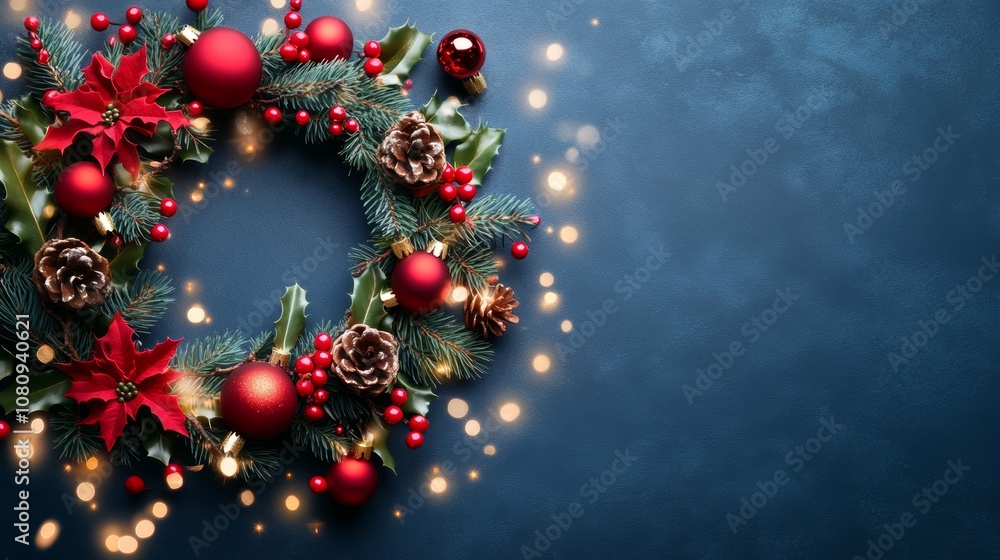 Close-up of a festive wreath adorned with red ornaments and twinkling lights. Close-up of a festive wreath adorned with red ornaments and twinkling lights.