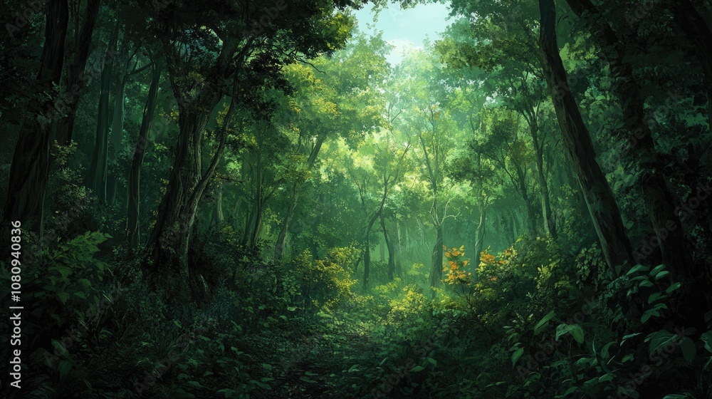 A dense forest brimming with an abundance of trees and foliage A dense forest brimming with an abundance of trees and foliage